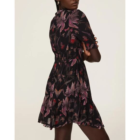 AllSaints Via Harris Mini Dress Black Floral Print Smocked Dark Romance SZ 6 - Picture 4 of 8